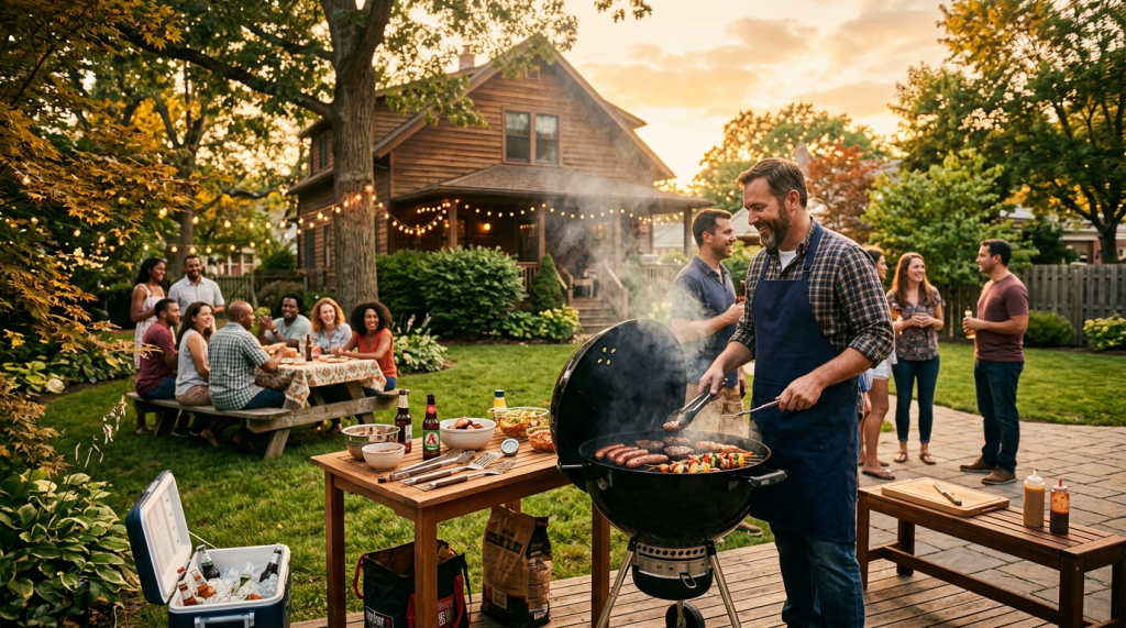 Man grilling burgers and vegetables at a backyard barbecue with friends socializing