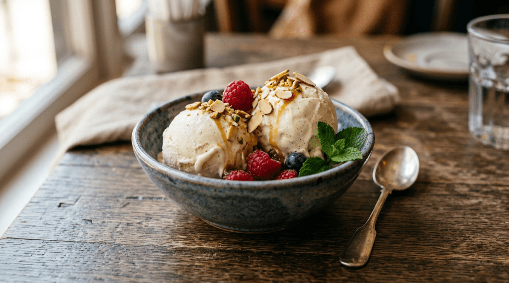 Two scoops of vanilla ice cream topped with sliced almonds, pistachios, caramel drizzle, fresh raspberries, blueberries, and a mint sprig in a ceramic bowl