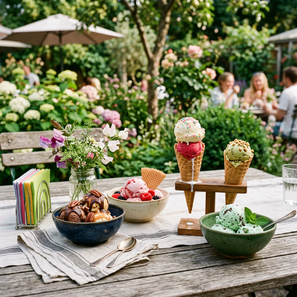 Various ice cream cones and bowls with colorful scoops on a rustic wooden table outdoors