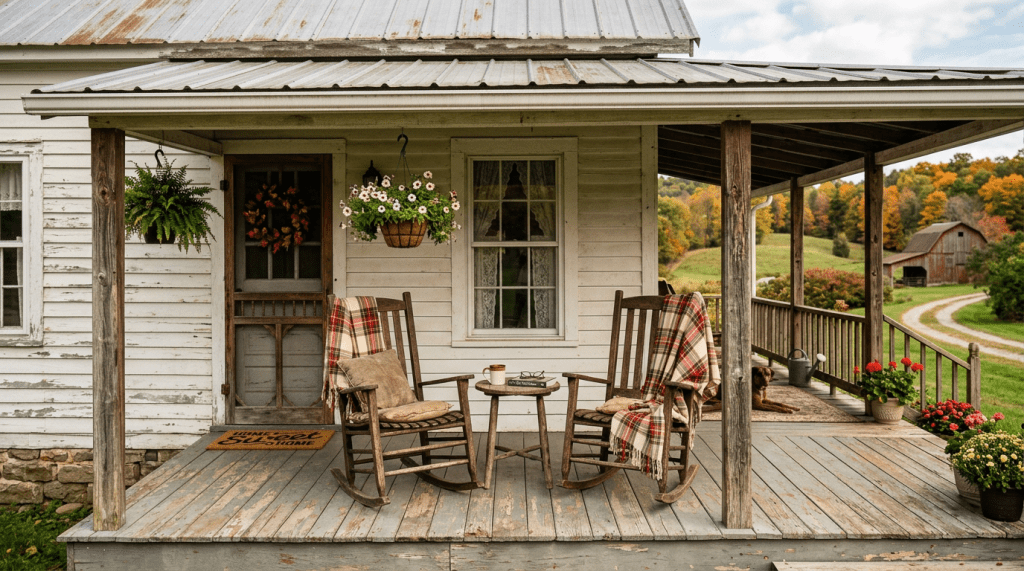 Old farmhouse porch with two rocking chairs