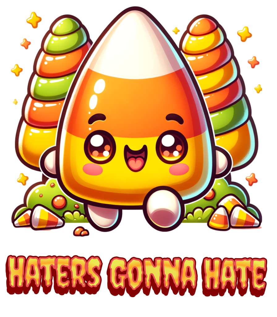 A cute cartoon candy corn character with a big smile, surrounded by colorful candy and sweet treats, featuring the text 'HATERS GONNA HATE' below.